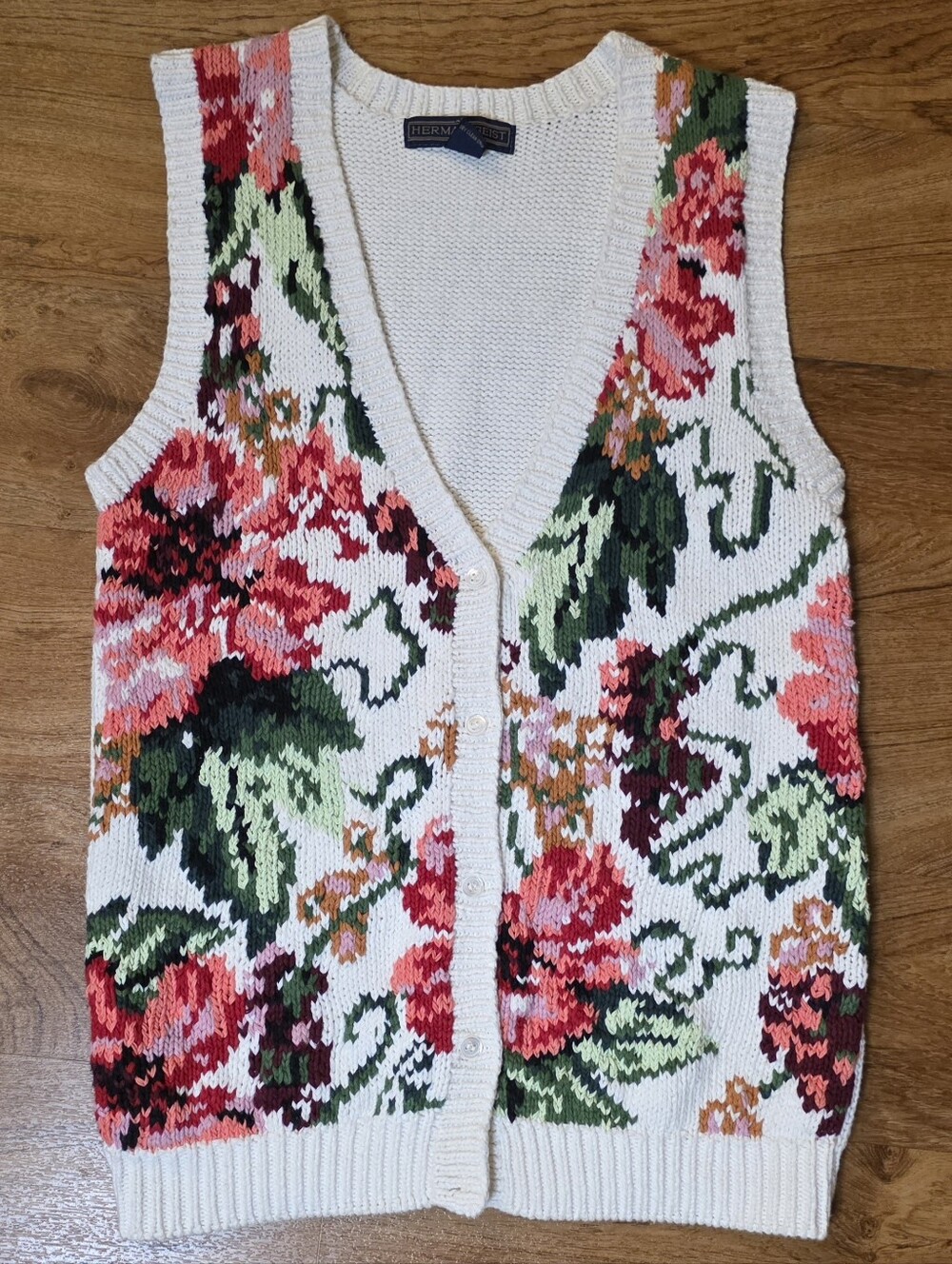 Vintage Herman Geist White Multicolor Floral Knit Sweater Vest